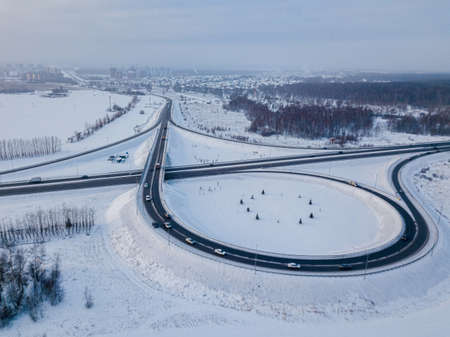 Transport junction traffic road. Aerial high above view of modern road junction. Top down aerial...