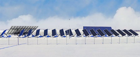 Solar panes in a solar park used for clean energy production. Solar panels in winter conditions. Panoramic viewの写真素材
