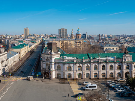 Magical view from the Spasskaya Tower of the Kazan Kremlin. View of the National Museum of the Republic of Tatarstan on Kremlin Streetの写真素材