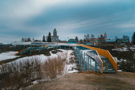 Wooden observation tower in Tetyushi, Tatarstan. Tourism in small towns in Russia.の写真素材
