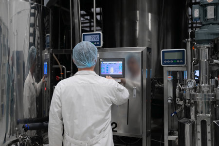 Industrial engineer standing in front of a chemical plant, producing organic fertilizersの写真素材