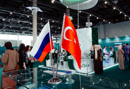 Kazan, Russia. May 19, 2022. Russian and Turkish flags at KazanExpo. Cooperation between the countries.のeditorial素材
