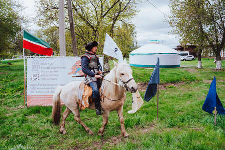 Bolgar, Tatarstan, Russia. May 21, 2022. rider in traditional clothing. Celebration of the 1,100th anniversary of the adoption of Islam by the Volga Bulgarsのeditorial素材
