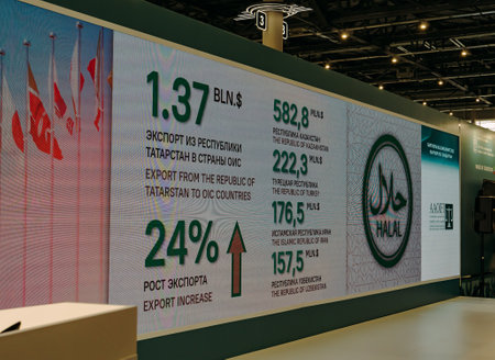 Kazan, Russia. May 19, 2022. Export figures from the Republic of Tatarstan, Russia on the big screen...