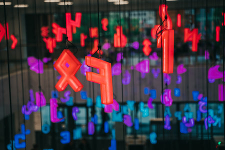 Kazan, Russia. June 12, 2022. Light installation of multicolored letters. National Library of the Republic of Tatarstan.のeditorial素材