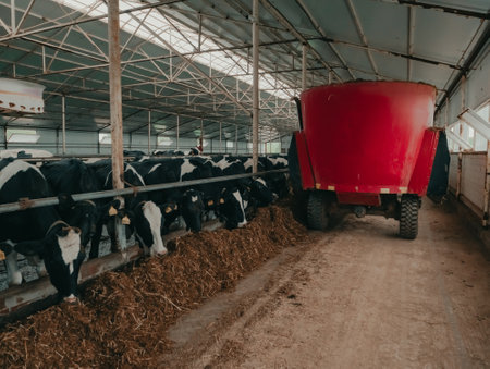 A modern farm with dairy cows. Goldstein breed. Breeding cows, cattle breeding.の写真素材