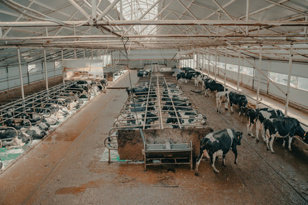 A modern farm with dairy cows. Goldstein breed. Breeding cows, cattle breeding.の写真素材