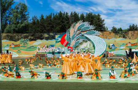 Kazan, Russia. June 19, 2022. Celebration of Sabantuy. A folk Tatar and Bashkir festival of field work. Scene with people in national costumesのeditorial素材