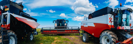 Tatarstan, Russia. 14 May, 2022. Big powerful Rostselmash combine harvester machine. Agrarian and agricultural works.のeditorial素材