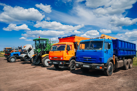 Tatarstan, Russia. 2022, Jine 14. Modern agricultural machinery for farming. KAMAZ trucks for...