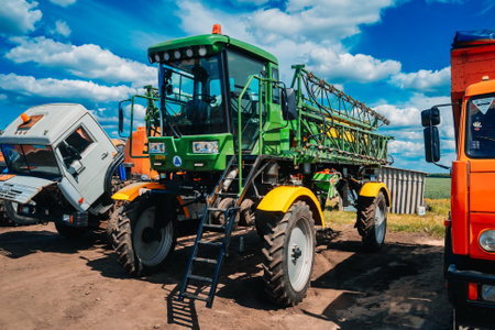 Kazan, Russia. 2022, June 12. Self-propelled sprayer for agricultural work. Designed for chemical protection of various plants and application of liquid mineral fertilizersのeditorial素材