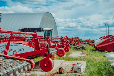Kazan, Russia. 2022, June 12. Pickup platform Rostelmash SWA PICK 340. An agricultural device for harvesting crops.のeditorial素材