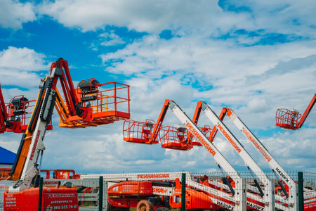 Kazan, Russia. 2022, June 30. Lift cradles Pekkaniska. New lifting cradles against the blue sky.のeditorial素材