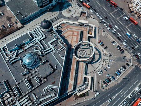 Kazan, Russia. 2022, 10 July. A view from above of the modern KOLTSO mall.Roof with terraces and light domes.のeditorial素材