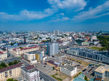 Center of Kazan. There are sights, hotels, stores and cafes. View of the intersection of pedestrian Peterburgskaya Street and Pushkin Street.の写真素材
