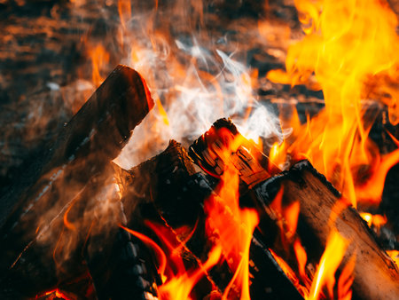 Burning campfire. Bonfire close up. Autumn relax camping moodの写真素材