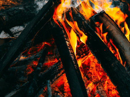 Burning campfire. Bonfire close up. Autumn relax camping moodの写真素材