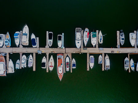 Aerial view of yacht club and marina. Colorful boats and yachts.の写真素材