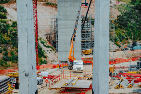 Constructing concrete pillars of the bridge. Construction of the new M12 highwayの写真素材
