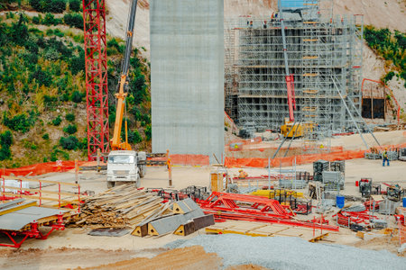 Constructing concrete pillars of the bridge. Construction of the new M12 highwayの写真素材