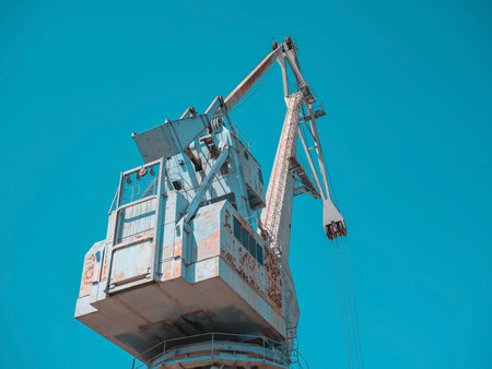 Port crane cabin close-up. Heavy port cranes in a cargo terminal.の写真素材
