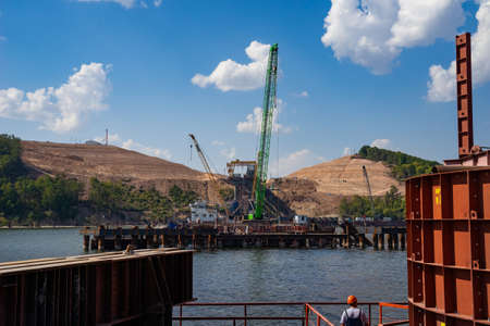 Construction of a bridge over the Volga River. Construction of bridge piers.の写真素材