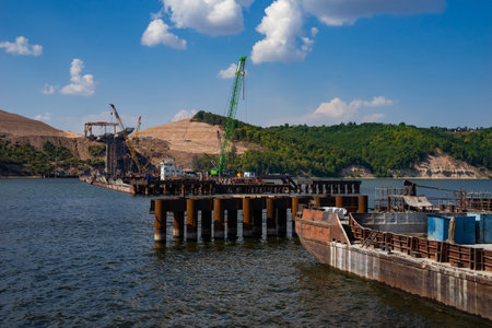 Construction of a bridge over the Volga River. Construction of bridge piers.の写真素材