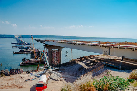 Construction of a bridge over the Volga River. Construction of bridge piers.の写真素材
