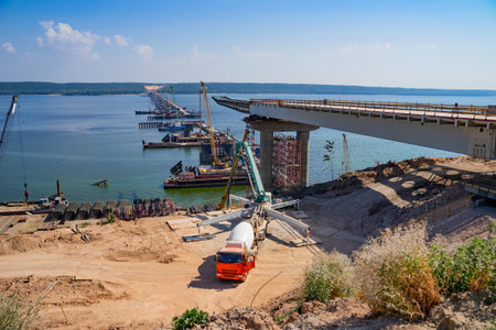 Construction of a bridge over the Volga River. Construction of bridge piers.の写真素材