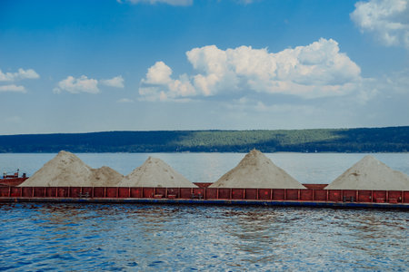 Barges with sand. The barge transports sand along the Volga river.の写真素材