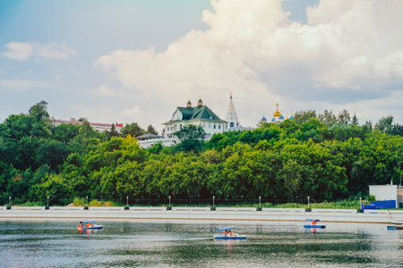 Center of Cheboksary, Chuvashia, Russia. Historical buildings among greenery. Summer cityscape.の写真素材