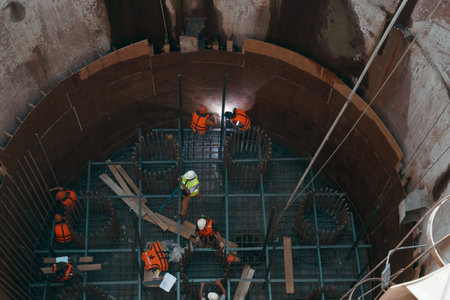 Construction of a bridge support in the excavation. Workers at the bottom of the excavation, view from above.のeditorial素材