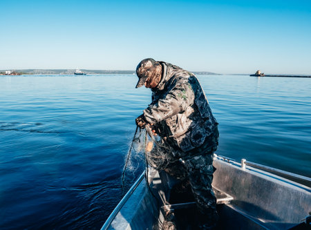Environmental police officer in a raid to apprehend poachers. A man in camouflage on the bow of a boat.のeditorial素材