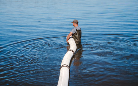 Fish farm worker releasing young fishes. Growing fish populationsのeditorial素材
