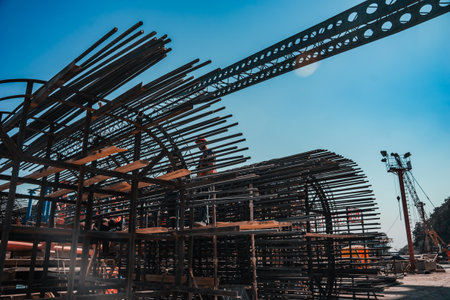 Rebar to build a bridge column. Construction of the M12 Moscow-Kazan highway.のeditorial素材