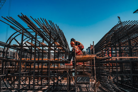 Rebar to build a bridge column. Construction of the M12 Moscow-Kazan highway.のeditorial素材