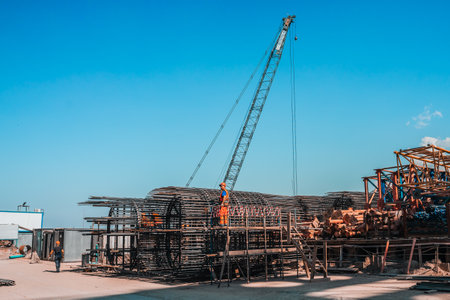 Rebar to build a bridge column. Construction of the M12 Moscow-Kazan highway.のeditorial素材