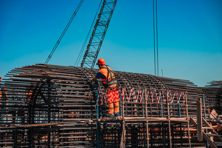 Rebar to build a bridge column. Construction of the M12 Moscow-Kazan highway.のeditorial素材