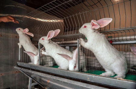 White Pannon Rabbit Breed. Three rabbits are standing near the cages. Breeding rabbits on the farmの写真素材