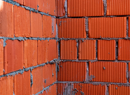Brick wall of rough masonry. Large bricks in close-up. Walls in roughing. Brick wall texture.の写真素材
