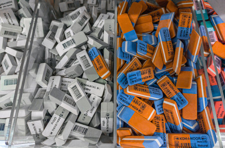 Many different erasers. Sales of office supplies in the store. Koh-I-Noor and Brauberg erasersのeditorial素材