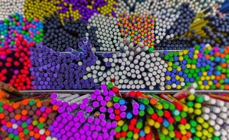 Multicolored pencils in art store closeup, selective focus. Art concept backgroundの写真素材