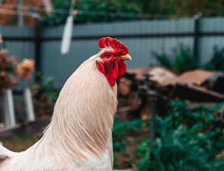 A beautiful rooster with a bright red comb on a rural background. Countryside concept with domestic bird close up on the farm.の写真素材