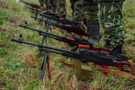 Machine gun automatic weapon, military equipment. The machine-gun section is ready for actionの写真素材
