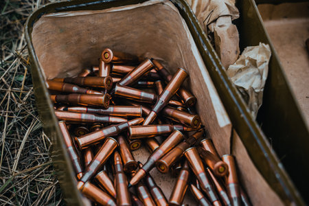 Bullets in a box. Machine gun ammunition close-up. Cartridges for a rifle and a carbine. Military conceptの写真素材