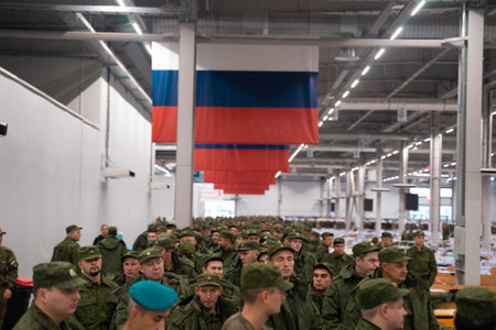 Mobilized Russian citizens at the assembly point. Russian conscripted men during military mobilizationのeditorial素材
