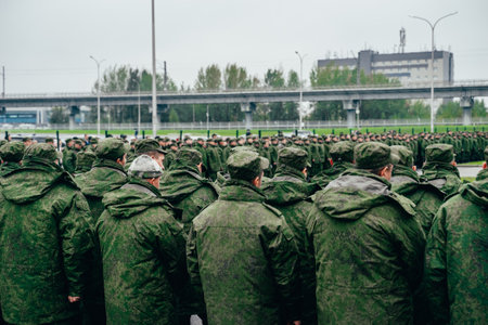 Mobilized Russian citizens at the assembly point. Russian conscripted men during military mobilizationのeditorial素材
