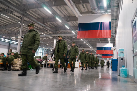 Mobilized Russian citizens at the assembly point. Russian conscripted men during military mobilizationのeditorial素材