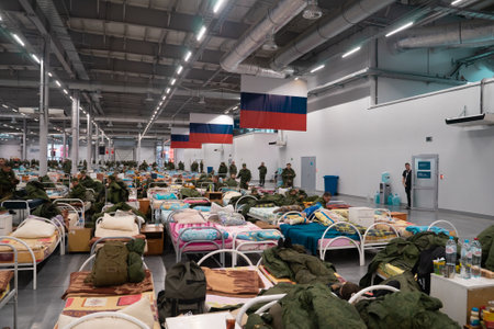 Mobilized Russian citizens at the assembly point. Russian conscripted men during military mobilizationのeditorial素材