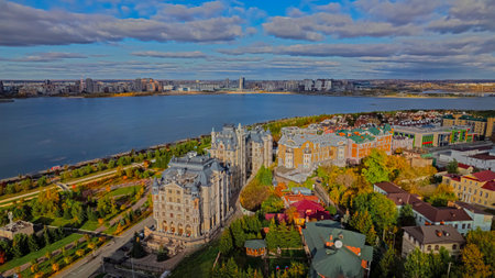 Residential buildings on Palace Square in Kazan, Tatarstan. The embankment of the Kazanka River.の写真素材